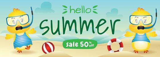 bannière de vente d'été avec un joli couple de poussins utilisant un costume de plongée en apnée sur la plage vecteur