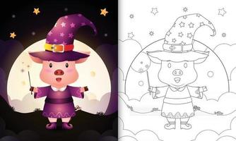 livre de coloriage avec un cochon mignon utilisant un costume de sorcière halloween vecteur