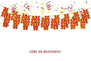 drapeau de la Macédoine avec des confettis sur fond blanc, accrocher des banderoles pour la bannière du modèle de célébration de la Macédoine. vecteur
