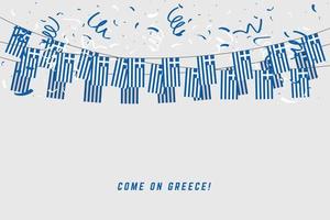 drapeau de guirlande de grèce avec des confettis sur fond blanc, accrocher des banderoles pour la bannière de modèle de célébration de grèce. vecteur
