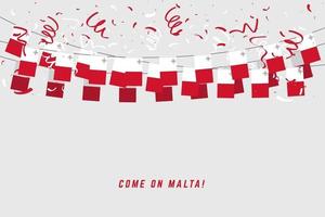 drapeau de malte avec des confettis sur fond blanc, accrocher des banderoles pour la bannière du modèle de célébration de malte. vecteur