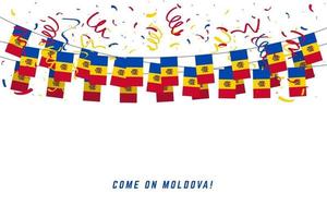 drapeau de la Moldavie avec des confettis sur fond blanc, accrocher des banderoles pour la bannière du modèle de célébration de la Moldavie. vecteur