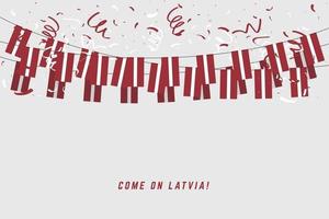 drapeau de guirlande de lettonie avec des confettis sur fond blanc, accrocher des banderoles pour la bannière du modèle de célébration de la lettonie. vecteur