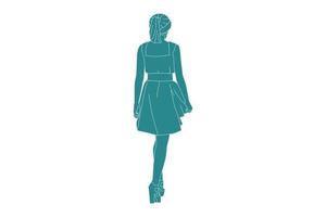 illustration vectorielle d'une femme élégante marchant avec une mini robe, style plat avec contour vecteur