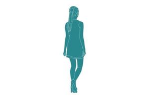 Vector illustration of elegant woman walking regarde par derrière, style plat avec contour