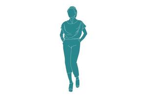 Vector illustration of casual woman walking, style plat avec contour