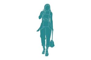 Vector illustration of casual woman walking on the sideroad, style plat avec contour