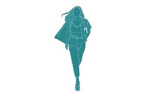 Vector illustration of casual woman walking on the sideroad, style plat avec contour