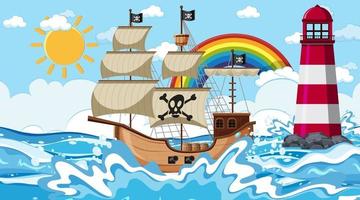 scène de l & # 39; océan au moment de la journée avec un bateau pirate en style cartoon vecteur