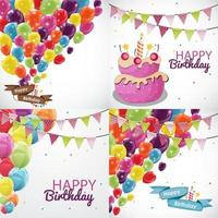 modèle de carte de joyeux anniversaire avec des ballons et des drapeaux collection set vector illustration