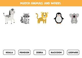 faire correspondre l'animal et le mot. jeu de grammaire anglaise pour enfants. vecteur