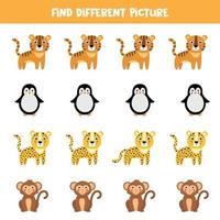 trouver un animal différent dans chaque rangée. singe de dessin animé mignon, tigre, léopard, pingouin. vecteur