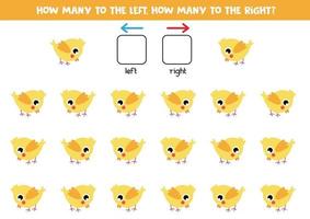 à gauche ou à droite avec un joli bébé poulet jaune. jeu éducatif. vecteur