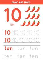 traçage du mot dix et du numéro 10. illustrations vectorielles de piments de dessin animé soignés. vecteur