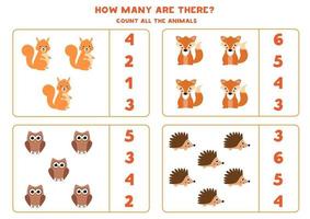 compter le nombre d'animaux des bois. jeu de maths pour les enfants. vecteur