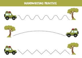 tracer des lignes avec voiture utilitaire et arbre de safari. jeu pour les enfants. vecteur