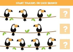 jeu de comptage pour les enfants avec des toucans de dessin animé sur une branche. vecteur