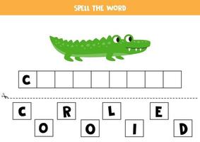 jeu d'orthographe pour les enfants. crocodile de dessin animé vert mignon. vecteur