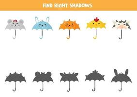 match parapluie animal et son ombre. jeu imprimable. vecteur
