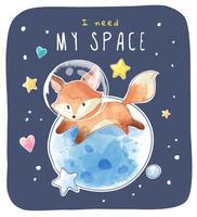 petit renard de l'espace avec illustration de la planète et des étoiles vecteur