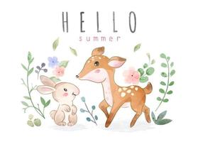 bonjour slogan d'été avec illustration d'amitié mignon rabit et cerf vecteur