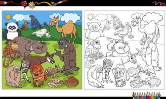 dessin animé, animaux sauvages, caractères, groupe, livre coloration, page vecteur