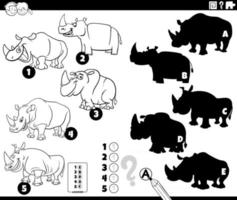 jeu d'ombres avec des personnages de rhinocéros page de livre de coloriage vecteur