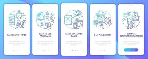 Avantages de la vente au détail en ligne lors de l'intégration de l'écran de la page de l'application mobile. Procédure pas à pas pour l'internationalisation Instructions graphiques en 5 étapes avec concepts. modèle vectoriel ui, ux, gui avec des illustrations en couleurs linéaires