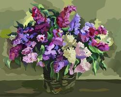 bouquet de lilas de différentes couleurs dans un vase sur une table sombre. peinture par numéros. illustration vectorielle vecteur