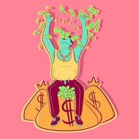 art conceptuel d'un homme d'affaires au sommet d'un sac d'argent jetant des billets en l'air. illustration d'un banquier sur l'économie, le succès et le fait d'être millionnaire. vecteur d'un riche entrepreneur.