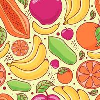 fruits mignons de modèle sans couture sur fond pastel jaune. banane, papaye, pomme, orange. illustration vectorielle. vecteur
