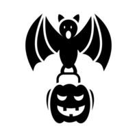 chauve souris icône porter une citrouille sac rempli avec Halloween bonbons, vecteur Halloween, isoler sur blanc Contexte.