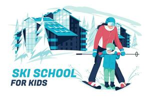 ski école concept. une femme apprend à ski à une enfant contre une hiver Contexte de une Montagne paysage et une Hôtel. vecteur plat dessin animé illustration.