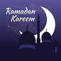 le silhouette de le mosquée contre le Contexte de le Nouveau lune. célébrer Ramadan. islamique vacances étoilé nuit, violet couleur. salutation carte. vecteur illustration