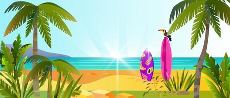 bannière de vacances à la plage d'été, fond de week-end tropical, palmier, toucan, planche de surf, océan vecteur