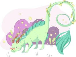 mignonne dragon dans pastel couleurs regards à papillon séance sur il. vecteur illustration pour enfants, plat dessin animé style avec contour