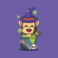sorcière singe fabrication potion dans Halloween journée. mignonne Halloween dessin animé illustration. vecteur