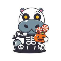 hippopotame avec squelette costume en portant Halloween citrouille. mignonne Halloween dessin animé illustration. vecteur