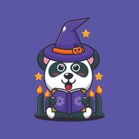 sorcière Panda en train de lire épeler livre. mignonne Halloween dessin animé illustration. vecteur