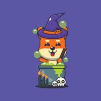 sorcière shiba inu fabrication potion dans Halloween journée. mignonne Halloween dessin animé illustration. vecteur