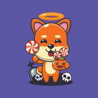 mignonne ange shiba inu en portant bonbons dans Halloween journée. mignonne Halloween dessin animé illustration. vecteur