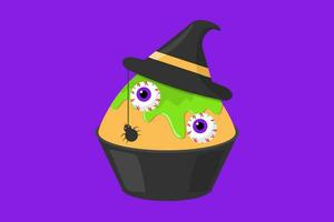 Halloween nourriture et dessert concept. Orange rasé la glace avec vert sauce avec deux Humain yeux, sorcière chapeau, et une noir araignée Garniture sur un violet Contexte. vecteur