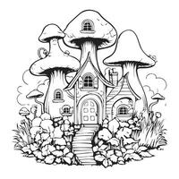 champignon maison avec fleur coloration page vecteur