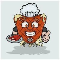 mascotte dessin animé de Viande steak avec Viande dans assiette et content affronter. pour nourriture, Viande, barbecue et du boeuf logo. vecteur