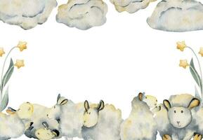 aquarelle main tiré illustration, mignonne bébé mouton avec des nuages et magique étoile fleurs. frontière Cadre isolé sur blanc Contexte. texturé effet. pour enfants, les enfants chambre à coucher, tissu, linge de maison impression vecteur