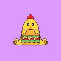 poulet mignon mangeant un hamburger. concept de dessin animé animal isolé. peut être utilisé pour un t-shirt, une carte de voeux, une carte d'invitation ou une mascotte. style cartoon plat vecteur