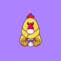 poulet mignon tenant une fusée. concept de dessin animé animal isolé. peut être utilisé pour un t-shirt, une carte de voeux, une carte d'invitation ou une mascotte. style cartoon plat vecteur