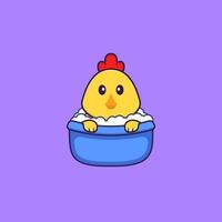 poulet mignon prenant un bain dans la baignoire. concept de dessin animé animal isolé. peut être utilisé pour un t-shirt, une carte de voeux, une carte d'invitation ou une mascotte. style cartoon plat vecteur