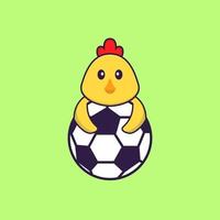 poulet mignon jouant au football. concept de dessin animé animal isolé. peut être utilisé pour un t-shirt, une carte de voeux, une carte d'invitation ou une mascotte. style cartoon plat vecteur