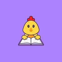 poulet mignon lisant un livre. concept de dessin animé animal isolé. peut être utilisé pour un t-shirt, une carte de voeux, une carte d'invitation ou une mascotte. style cartoon plat vecteur